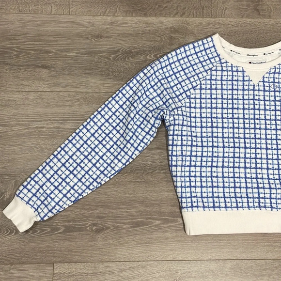 Champion Cropped Crewneck Sweatshirt Blue White Windowpane Checked S - Picture 5 of 15